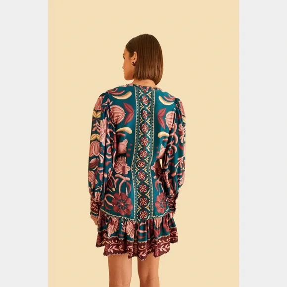 Farm Rio Teal Seashell Tapestry Lenzing™ Ecovero™ Viscose Mini Dress - Picture 4 of 10